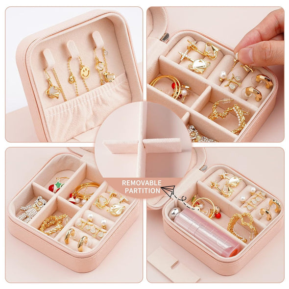 Portable Travel Mini Jewelry Box Leather Jewellery Ring Organizer Case Storage Gift Box Girls Women (Pink).