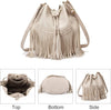 Leather Bucket Bags for Women Crossbody Fringe Purses with Drawstring Ladies Tassel Hobo and Shoulder Handbags