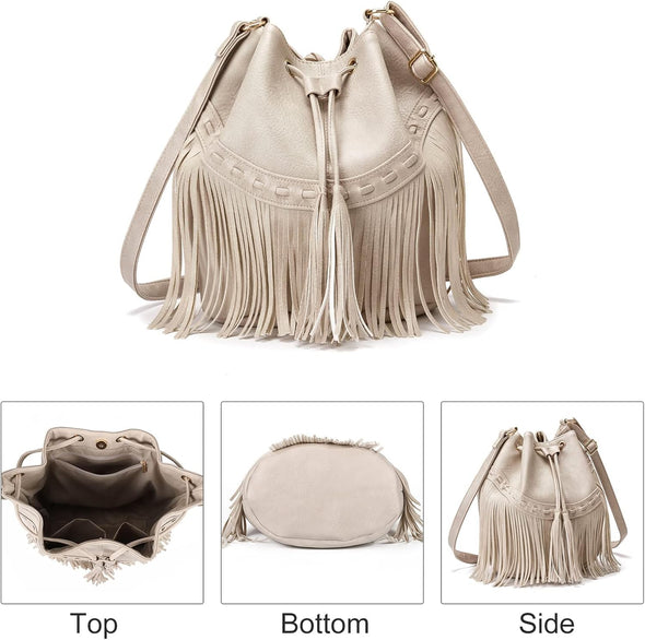 Leather Bucket Bags for Women Crossbody Fringe Purses with Drawstring Ladies Tassel Hobo and Shoulder Handbags