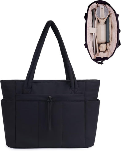 Wandering Nature Puffer Tote Bag with Cup Holder & Laptop Compartment & Trolley Sleeve for Travel, Work, Nurse, Women