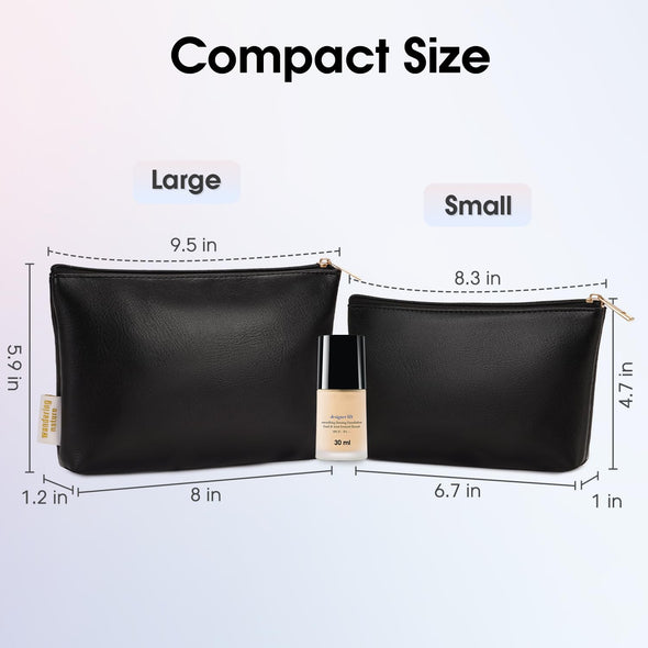Wandering Nature Makeup Bag Small Cosmetic Bag for Purse 2 Pack Small Make up Pouch Vegan Leather Cute Travel Pouch with Zipper for Women, Black