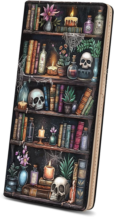 Immaturus Womens Wallet, Goth Skull Bookshelf Slim Thin RFID Blocking Credit Card Wallets, Long Bifold PU Leather Card Holder Organizer, Cash Clutch Billfold with Zipper Coin Pocket Ladies Girls Gift