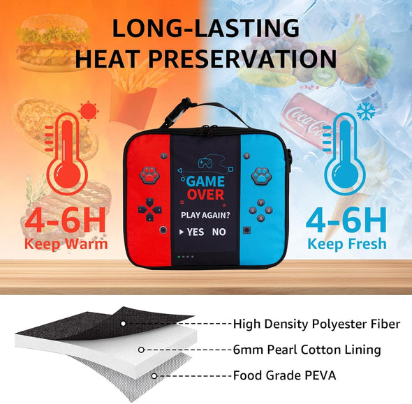 Game Console Insulated Lunch Bag Lonchera for Teen Boy Kid Gamer Lunch Box Bento Reusable Large Capacity Portable Waterproof Leakproof with Name Tag to School Office Picnic (1PCS Lunch Bag)