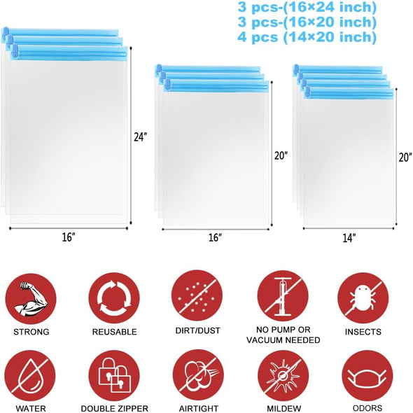 Compression Bags for Travel - Essentials 12 Pack Space Saver No Vacuum or Pump Needed Storage Accessorie and Home Packing Organizers (Transparent)