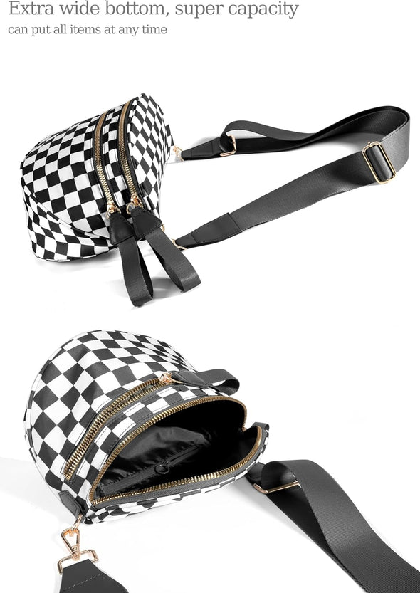 Spacious Checkered Nylon Crossbody Bag Bum Bag Checkered Handbags Wallets for Women
