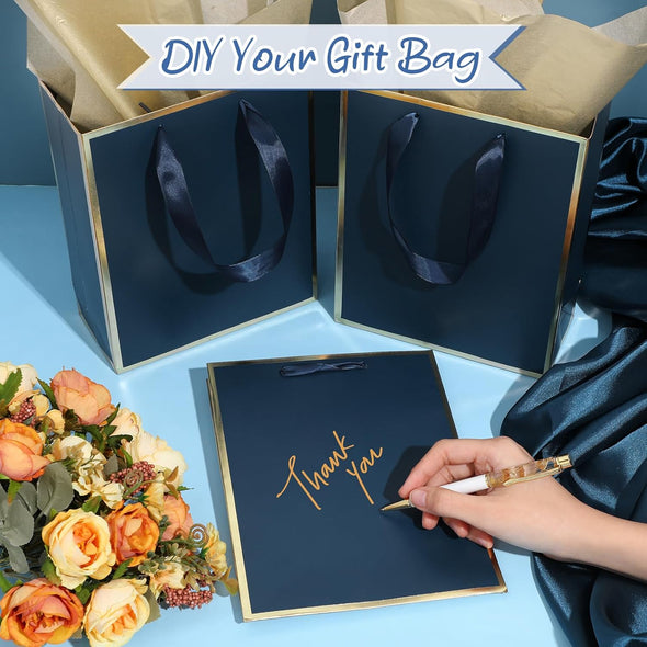 Yeaqee 24 Pack Metallic Paper Gift Bags with Handle and Tissue 9X7X3.1 Welcome Gift Thank You Bags for Wedding Father'S Day Bridal Shower Groomsmen Birthday Party(Navy Blue, Gold)