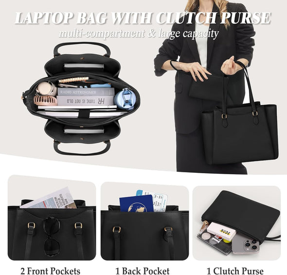 RAINSMORE Laptop Bag for Women 15.6 Inch Work Tote Bags Waterproof Computer Bags Leather Professional Laptop Purse Womens Laptop Briefcase Large Handbag for Office Teacher Travel, Black