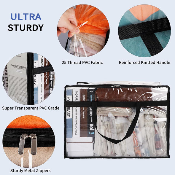 SGHUO Blanket Storage Bags 60L Extra Large Plastic Vinyl Clear Storage Bag for Clothes, Comforter, Bedding, Moving Bags with Zipper and Reinforced Handle (4Pcs)
