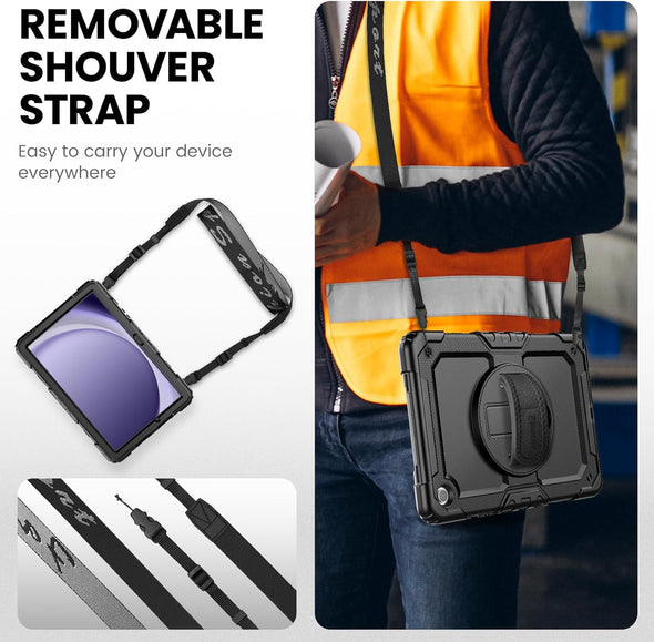 Timecity Case for Samsung Galaxy Tab A9+/ A9 plus 11 Inch, Full-Body Protective with Screen Protector, Rotating Stand, Hand/Shoulder Strap for Galaxy A9+ Tablet (SM-X210/X216/X218)- Black