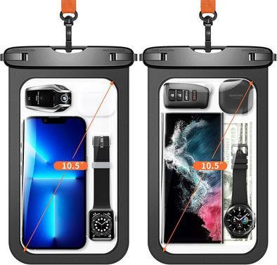 Lanhiem 10.5" Large Waterproof Phone Pouch, 2 Pack Universal IPX8 Waterproof Dry Bag with Lanyard for Iphone 16 15 14 Pro Max, Samsung Galaxy S25 S24 S23 Ultra, S24 FE, Pixel 9A 8 Pro, Black+Black