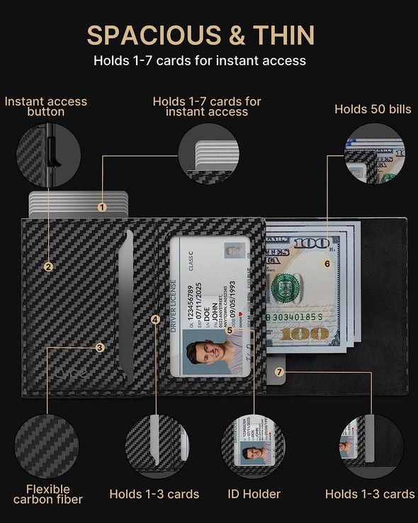 Mens Wallet Card Holder: Pop up Aluminum Case, Genuine Leather, Smart, RFID Blocking, Slim, Minimalist, Front Pocket - 9-14 Card Capacity | ID Window | Cash Slot (Carbon Fiber)
