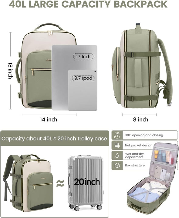 LOVEVOOK 40L Travel Backpack for Women & Men, Large Carry on Backpack for Airplanes with 3 Packing Cubes, TSA Personal Item Travel Bag Fits 17" Laptop, Waterproof Weekender Essentials Airline Approved