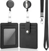 PU Leather Badge Holder with Lanyard, Black Lanyard with Retractable Reel Clips, Multiple Card Slots with Leather Snap, ID Badge Holder for Office Staff Doctor Teacher