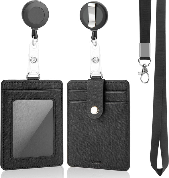 PU Leather Badge Holder with Lanyard, Black Lanyard with Retractable Reel Clips, Multiple Card Slots with Leather Snap, ID Badge Holder for Office Staff Doctor Teacher