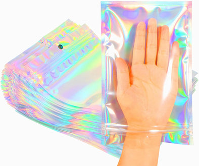 Smell Proof Bags & Resealable Foil Pouch Mylar Sample Bag Great for Party Favor Food Storage (Holographic Color) (50Pcs-5.5X8 Inch)