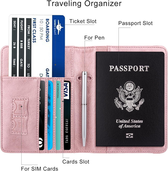 WALNEW Passport Holder for Travel, RFID Passport Cover Wallet for Women Men, PU Leather Passport Book Card Holder Case with Pen, Travelling Essentials for Flying
