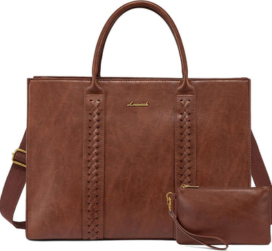LOVEVOOK Laptop Tote Bag for Women, Vintage Leather Work Bag with Cup Holder, Waterproof Computer Purse, Professional Briefcase Office Shoulder Handbag, 15.6 Inch, Brown