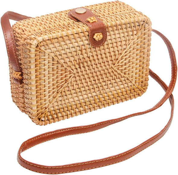 Crazypiercing Wicker round Square Crossbody Rattan Bag, Women Boho Bag Clutch Woven Handbag
