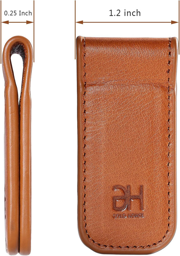 Slim Magnetic Money Clip Leather Minimalist Business Card Holder for Men, Brown
