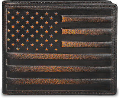 DK86 Mens Wallet USA Flag Bifold Wallet for Men RFID Blocking Full Grain Leather with Hand Burnished Extra Capacity Multiple Card Slots with 2 ID Windows