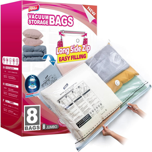 TAILI-LONG SIDE ZIP 8 Pack Vacuum Storage Bags, Vacuum Seal Bags for Clothing (39X28 Inches), Jumbo Storage Space Saver for Beddings, Comforters, Blanket, Pillows and Clothes