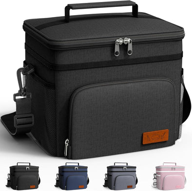 HOTOR Insulated Lunch Box for Men & Women - Leak-Proof Cooler Lunch Bag with 4 Pockets, Adjustable Strap, Ideal for Work, Picnic, Travel - Medium, Black, 10.2"×6.9"×8.5"