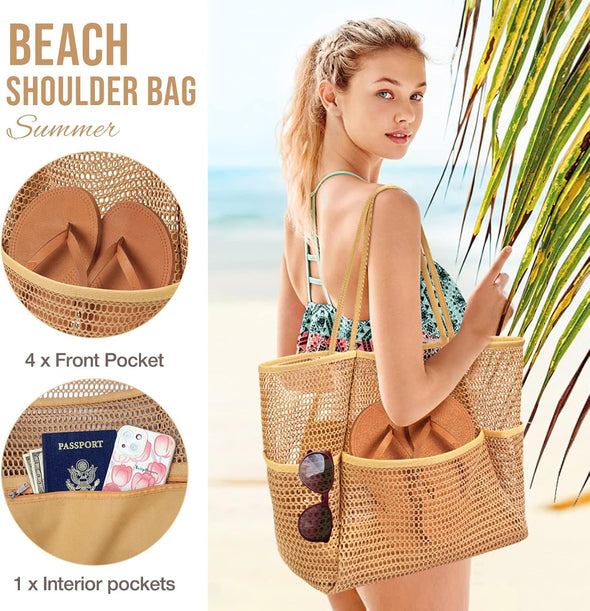 KPX Beach Bag with Mini Pocket, Beach Tote Bags for Women Large Foldable Mesh Swimming Pool Travel Bags - Sandproof