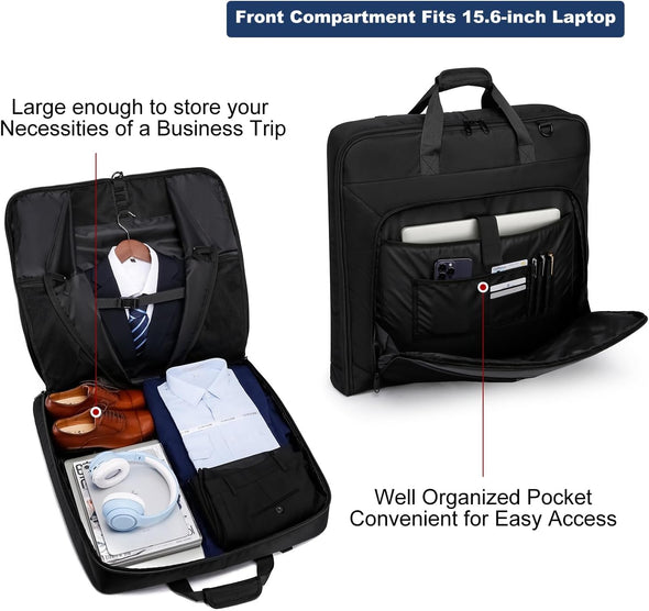 Garment Bag Travel Suit Bag for Men Large 40-Inch Carry on Garment Bag up to 3 Suits for Business Trips,2 in 1 Hanging Suitcase Luggage Bags for Travel,Foldable Carry on Bag Fits 15.6Inch Laptop,Black