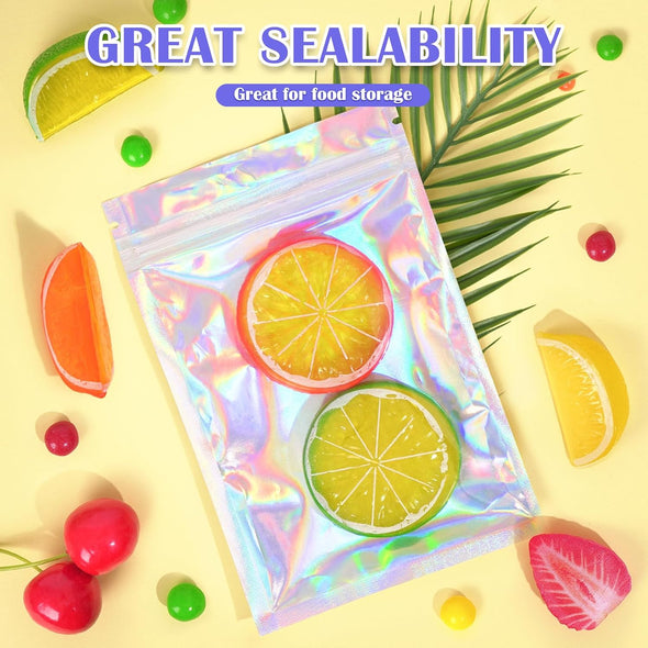 100 Pcs Mylar Bags, Smell Proof Bags with Clear Window, Resealable Holographic Bags for Snack, Cookie, Jewelry, Candy, Sealable Bag for Packaging, Mothers Day Gifts（2.4X3.9In）