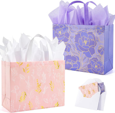 YANGTE 2 Pack 13" Large Beautiful Gift Bags Set with Greeting Card and Tissue Paper, Reusable Non-Woven Gift Wrap Bags with Handle for Presents of Any Birthday, Weddings, Mothers Day & Special Moments