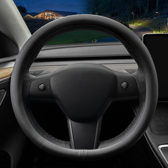 LKWLIKEI Nappa Leather Ultra-Thin Steering Wheel Cover, for Tesla Model 3/Y Steering Wheel Cover, Non-Slip Design and Interior Modification of Car Accessories (Black)