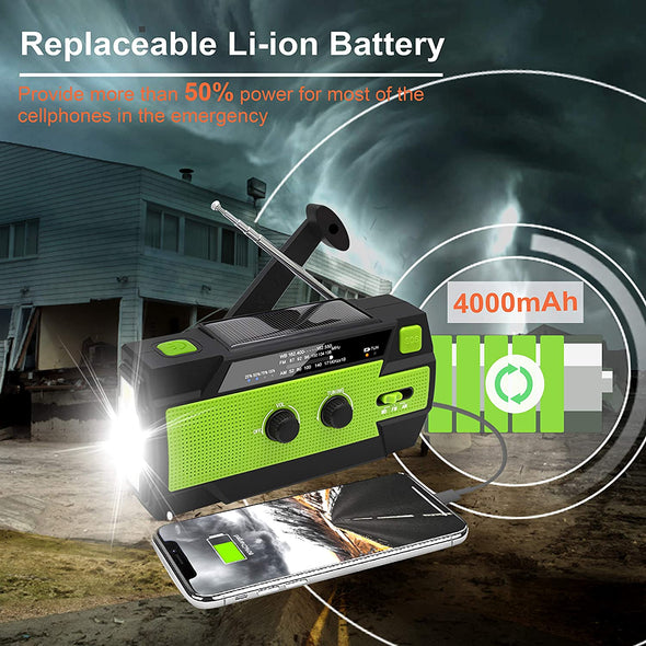 Emergency Crank Weather Radio, 4000Mah Solar Hand Crank Portable AM/FM/NOAA, with 1W 3 Mode Flashlight & Motion Sensor Reading Lamp, Cell Phone Charger, SOS for Home and Emergency Green