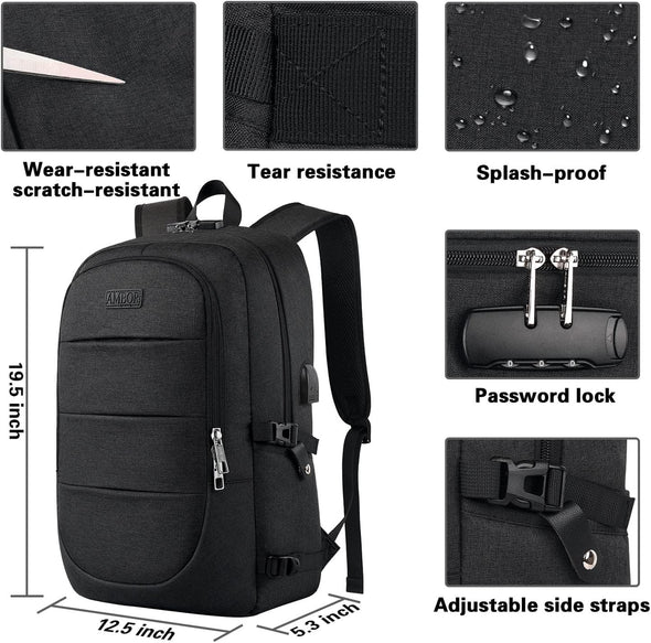 AMBOR Travel Laptop Backpack for Ｍen, 15.6-17.3 Inch Laptop Backpack for School, anti Theft Business Work Backpack with USB Charging Port, Water Resistant College Computer Bag for Men & Women, Black