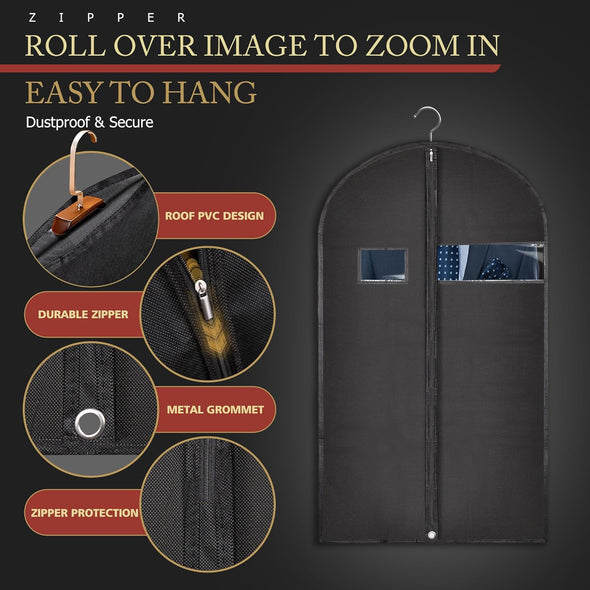 40-Inch Garment Bags for Travel, Garment Bags for Hanging Clothes with Zipper and Visible Transparent Window, 2 Pack，Black