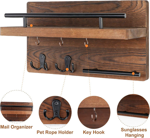 Ourwarm Wall Mounted Key Holder/Hangers for Wall Decorative with 5 Key Hooks, Wooden Mail Rack Organizer with Shelf, Rustic Home Decor for Entryway Mudroom Hallway Office, Brown