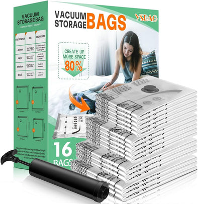 Vacuum Seal Bags for Clothing- 16 Pack 4 Sized Vacuum Storage Bags with Hand Pump, Space Saver Organisers for Travel Luggage Clothes Blankets Comforters (3Jumbo，3L5M5S)
