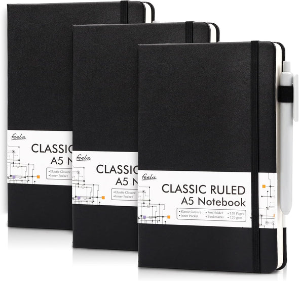 Feela 3 Pack Notebooks Journals Bulk with 3 Black Pens, A5 Hardcover Notebook Classic Ruled Lined Journal Set with Pen Holder for Work Business Journaling Note Taking, 120 GSM, 5.1”X8.3”, Black