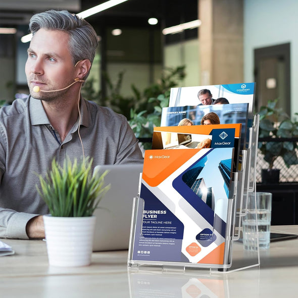 Maxgear Acrylic Brochure Holder 8.5 X 11 Inch, 4 Tier Clear Literature Organizer Magazine Stand Display with Removable Divider for 4 X 9 Inch Brochures, Pamphlet, Wall Mount or Countertop, 1 Pack