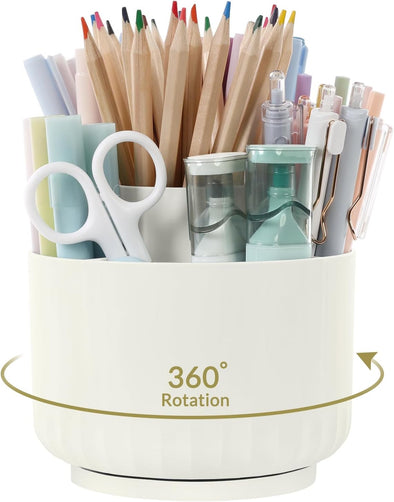 SKYDUE 360 Degree Rotating Desk Organizer, Dual-Purpose Pencil Pen Holder for Desk, Rotating Pencil Cup with 5 Slots, Office Supplies, Desk Decor for Office, School, Home, White, 12287XZBT