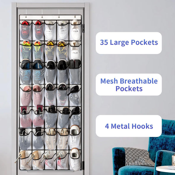 35 Pockets over the Door Shoe Organizer, Hanging Shoe Organizer for Door with 35 Mesh Pockets Large Capacity Shoe Hanging Storage Bag with 4 Metal Hooks (White-1Pack)