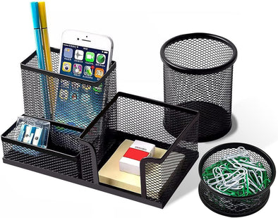 Pen Holder for Desk, Desk Organizers Set-3 Compartments Mesh Pencil Holder with Pencil Pen Cup and Paper Clip Holder, Desk Accessories for Marker Craft, Ideal Office School Supplies(3 Pack, Black)