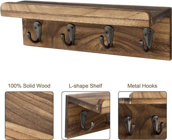 Rustic Key Holder for Wall, Farmhouse Wall Shelf with 4 Hooks, Wall Mounted Key Racks, Wooden Mail Organizer with Hooks for Entryway (Brown)