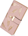 Women'S Long Leaf Bifold Wallet Leather Card Holder Purse Zipper Buckle Elegant Clutch Wallet Handbag for Women - Pink