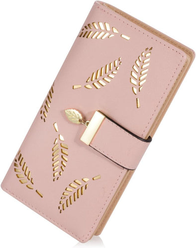 Women'S Long Leaf Bifold Wallet Leather Card Holder Purse Zipper Buckle Elegant Clutch Wallet Handbag for Women - Pink