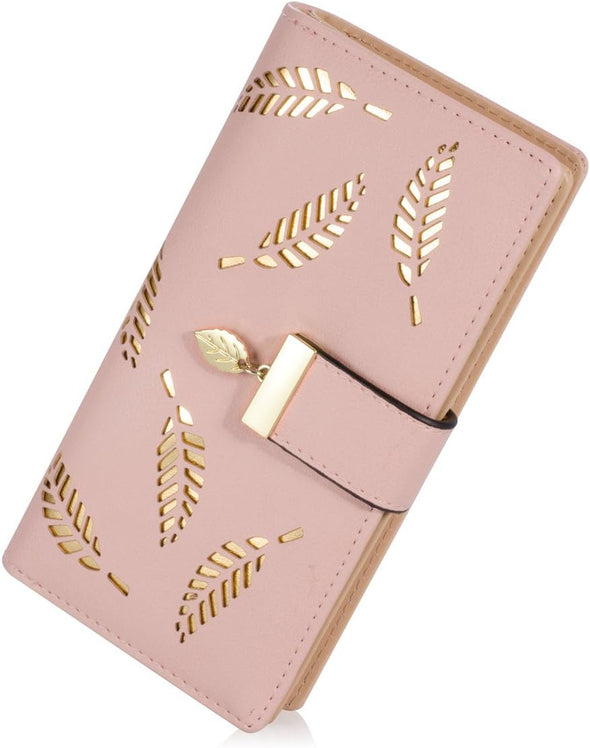 Women'S Long Leaf Bifold Wallet Leather Card Holder Purse Zipper Buckle Elegant Clutch Wallet Handbag for Women - Pink