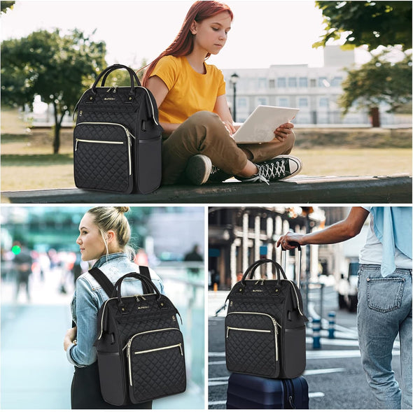 EMPSIGN 17 Inch Laptop Backpack for Women, Work Business Travel Computer College Bags, Large Capacity Water-Repellent Quilted Casual Daypack with USB Port, Black