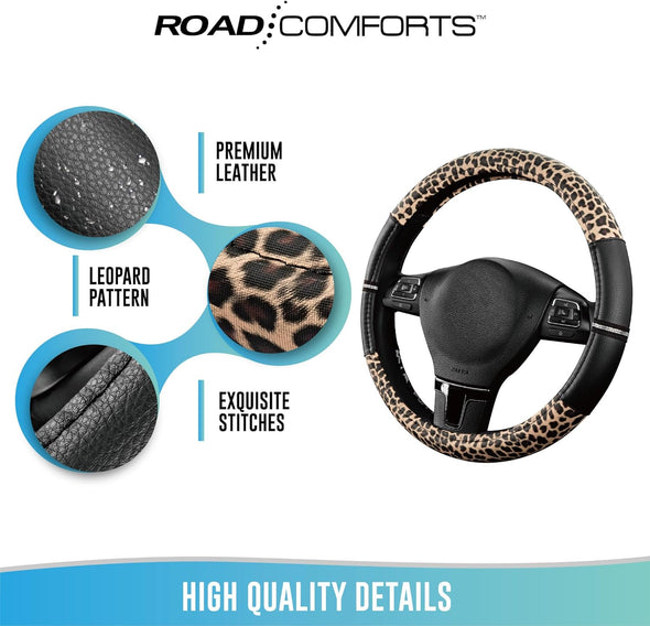 Road Comforts Leopard Steering Wheel Cover - Made with PVC Leather Cheetah Print - Anti-Slip, Universal Fit 14 1/2 Inches to 15 Inches - Black
