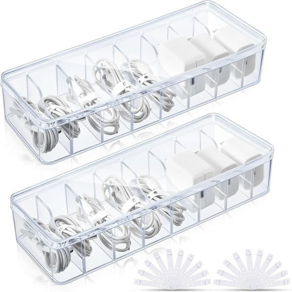 Tatuo 2 Pcs Cable Organizer with 20 Wire Ties,Clear Plastic Cord Charger Storage Box with Clear Lid for Home Office Desk Organization and Accessories