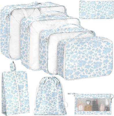 8 Set Packing Cubes for Travel, Luggage Packing Organizers Accessories Large Toiletries Bag for Clothes Shoes Cosmetics (Blue Flower)
