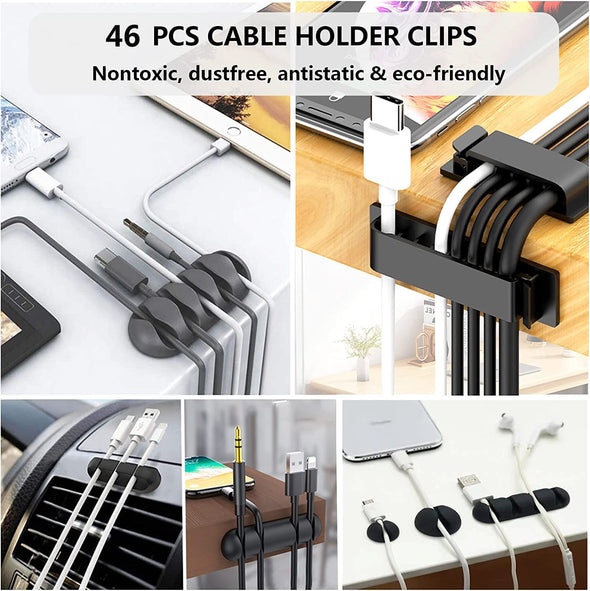 N NOROCME 192 PCS Cable Management Kit 4 Wire Organizer Sleeve,11 Cable Holder,35Cord Clips 10+2 Roll Cable Organizer Straps and 100 Fastening Cable Ties for Computer TV under Desk, Black,Clear
